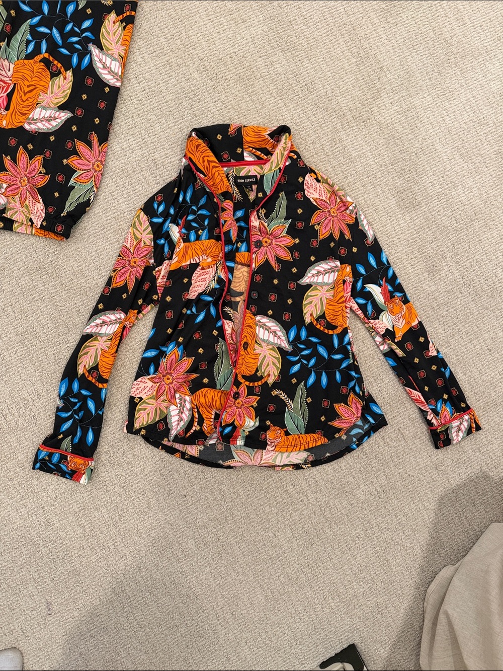 Room Service Black Floral & Tiger-Print Long-Sleeve Pajama Top